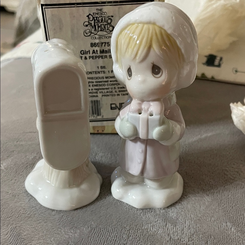 Precious Moments Girl with Mailbox Salt & Pepper Shaker - Pink and White